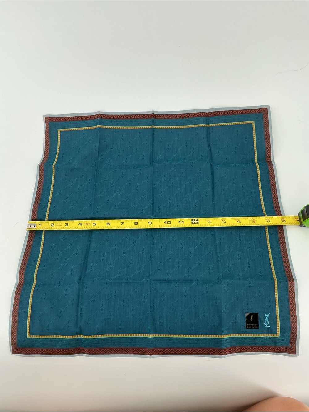 Yves Saint Laurent YSL Vintage Teal Geometric Square Scarf 16” - Picture 6 of 8